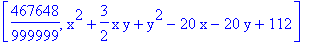 [467648/999999, x^2+3/2*x*y+y^2-20*x-20*y+112]